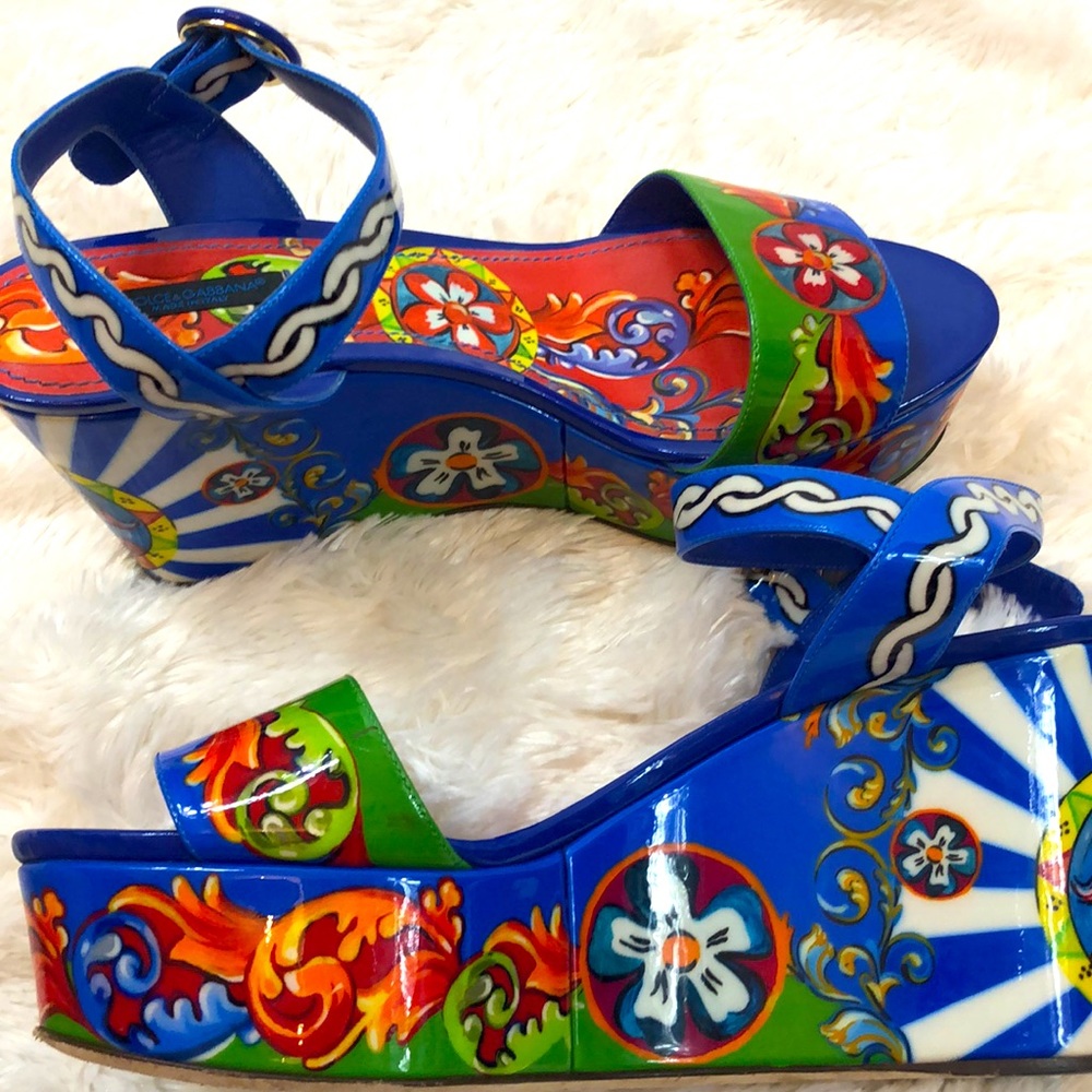 Dolce and Gabbana Floral Patient Leather Wedge Heels Size 40